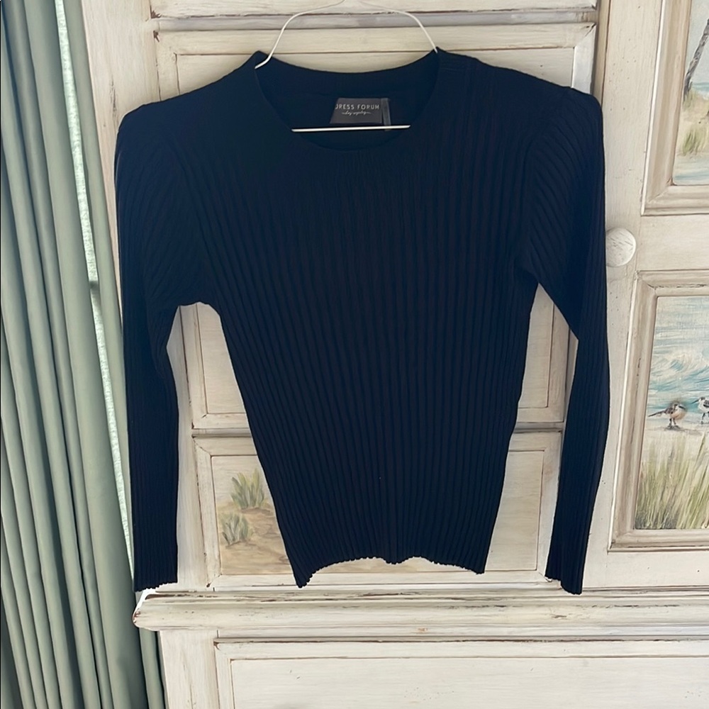 Dress Forum Blue Ribbed Fitted Long Sleeve Top